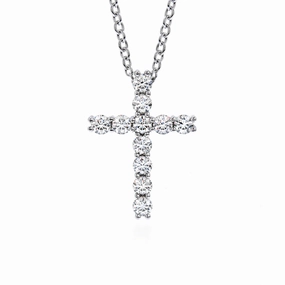 Hearts On Fire 18K White Gold Round Shape Diamonds Cross Pendant with a 18K White Gold Necklace (.16ctw) Modern Youth