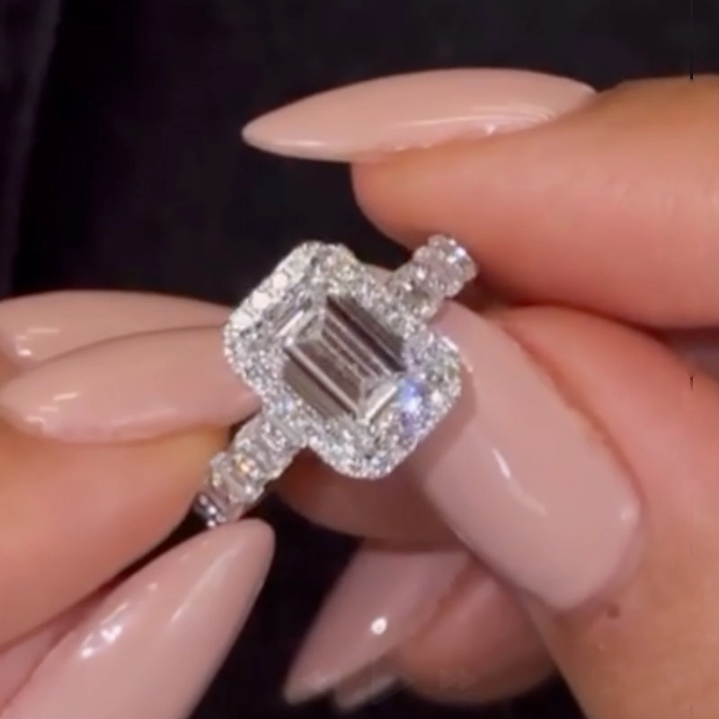 Unique Shine Radiant Texture Louily Dainty 2.5Ct Halo Emerald Cut Engagement Ring For Women