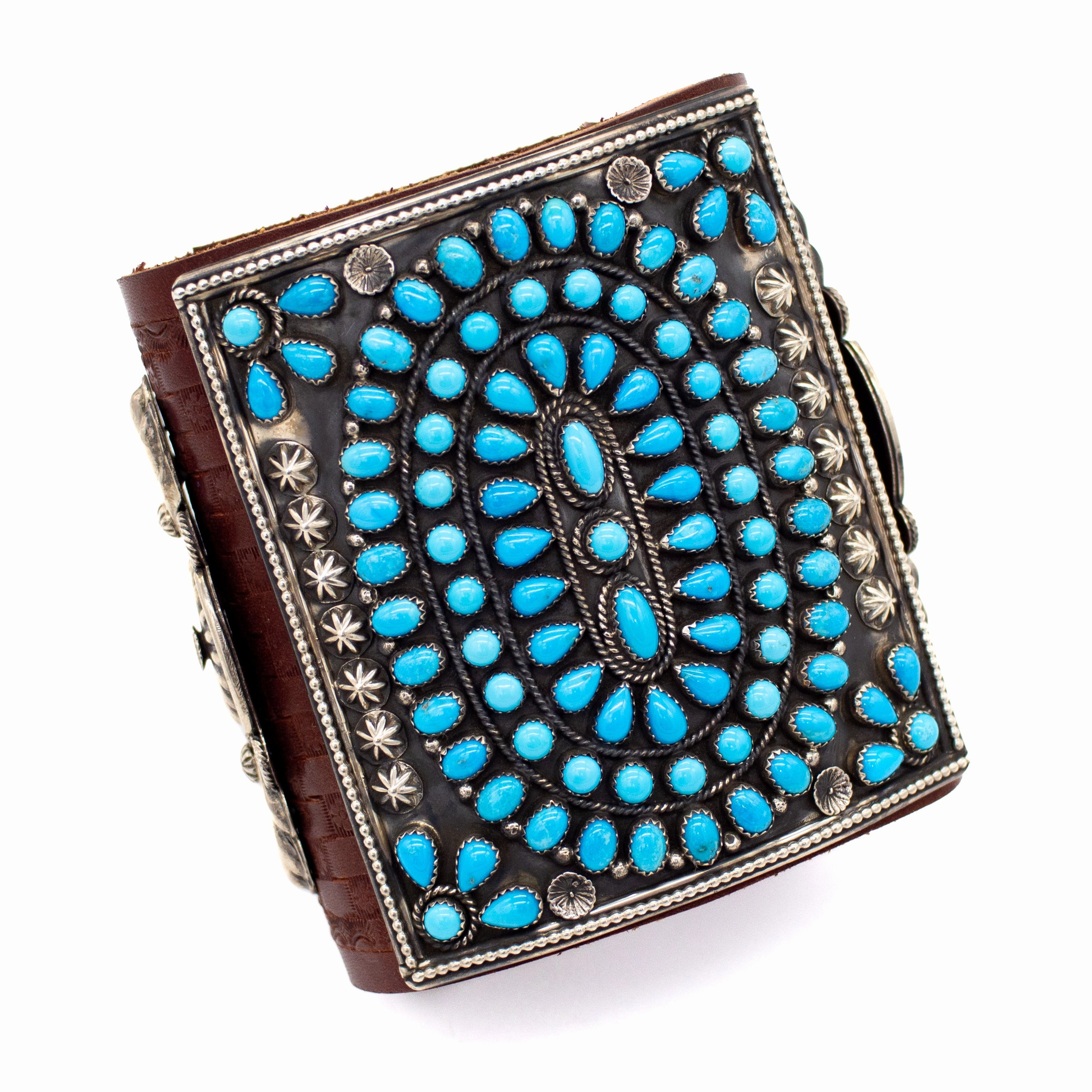 Classic Lines Stylish Appeal Hemerson Brown Navajo Handmade Sterling Silver Sleeping Beauty Turquoise Leather Bow Guard