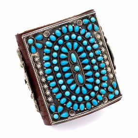 Classic Lines Stylish Appeal Hemerson Brown Navajo Handmade Sterling Silver Sleeping Beauty Turquoise Leather Bow Guard