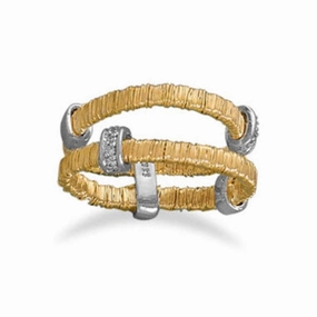 Office Ready His Present Gold Wire and Silver Double Band Ring with Cubic Zirconia