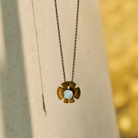 Petite Flora Necklace - Oxidized Brass, Sterling Silver   Blue Moonstone Glass Premium Style