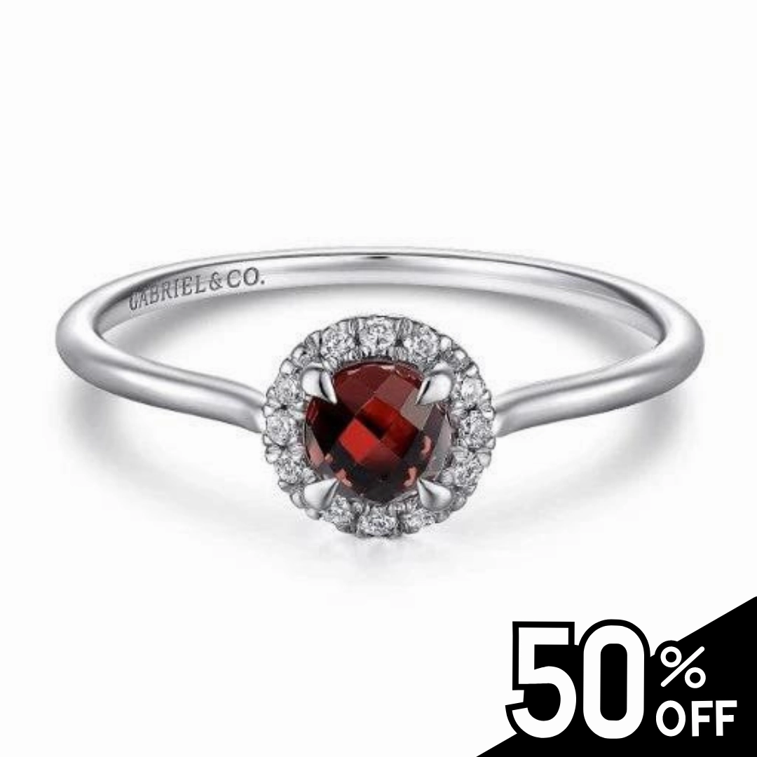 Bridal Style 14K White Gold Garnet and Diamond Halo Promise Ring