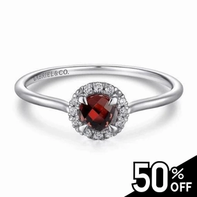 Bridal Style 14K White Gold Garnet and Diamond Halo Promise Ring