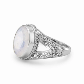 Lightweight Decoration Rainbow Moonstone Ring with Scroll Design Split Band Antiqued Sterling Silver