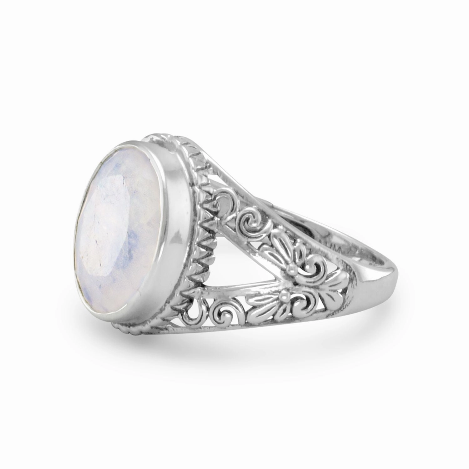 Stylish Decoration Rainbow Moonstone Ring with Scroll Design Split Band Antiqued Sterling Silver