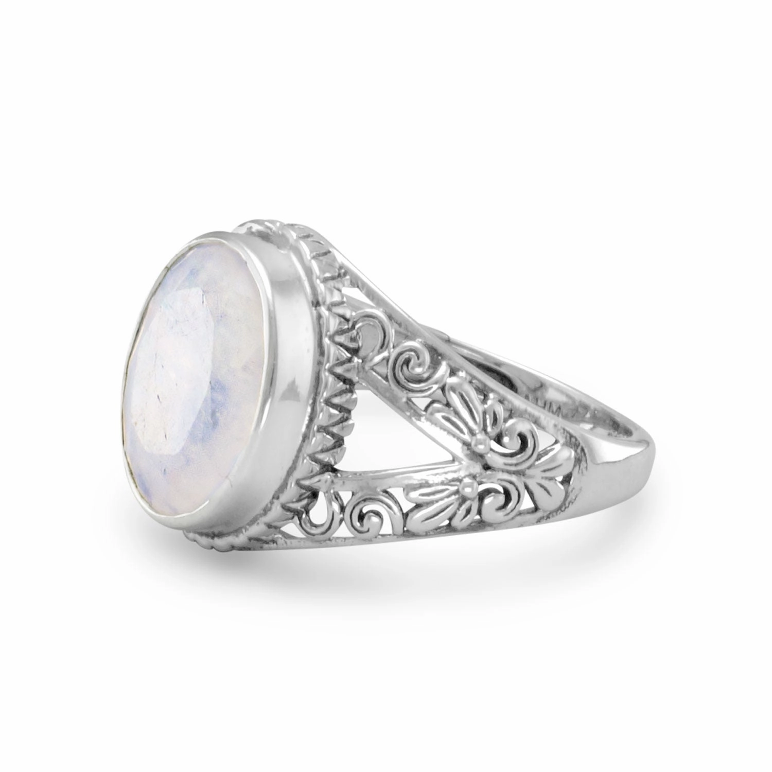 Lightweight Decoration Rainbow Moonstone Ring with Scroll Design Split Band Antiqued Sterling Silver