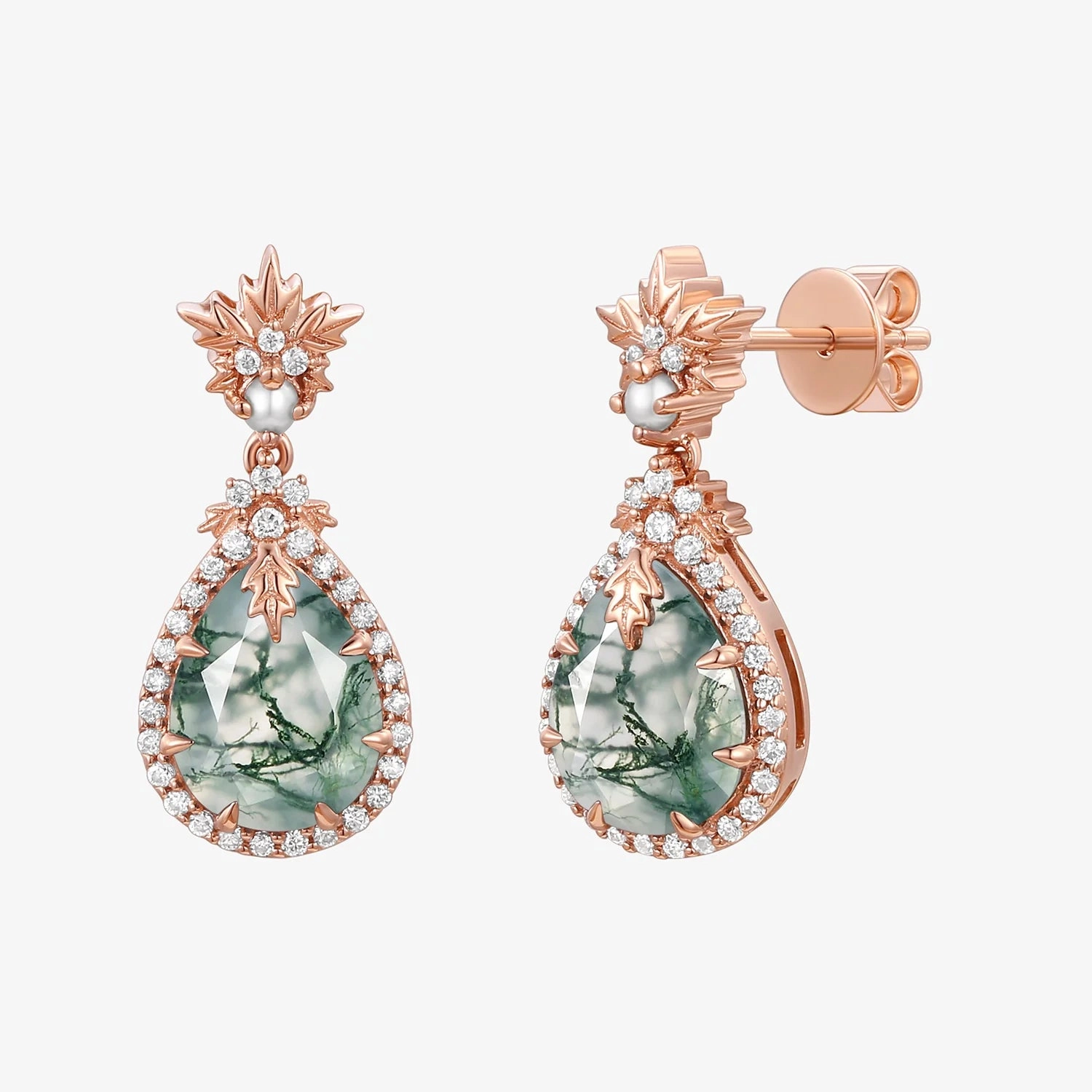 Natural Moss Agate & Pearl Vintage Inspired Yellow Gold Earrings Favorite Accent Sparkling Craftwork