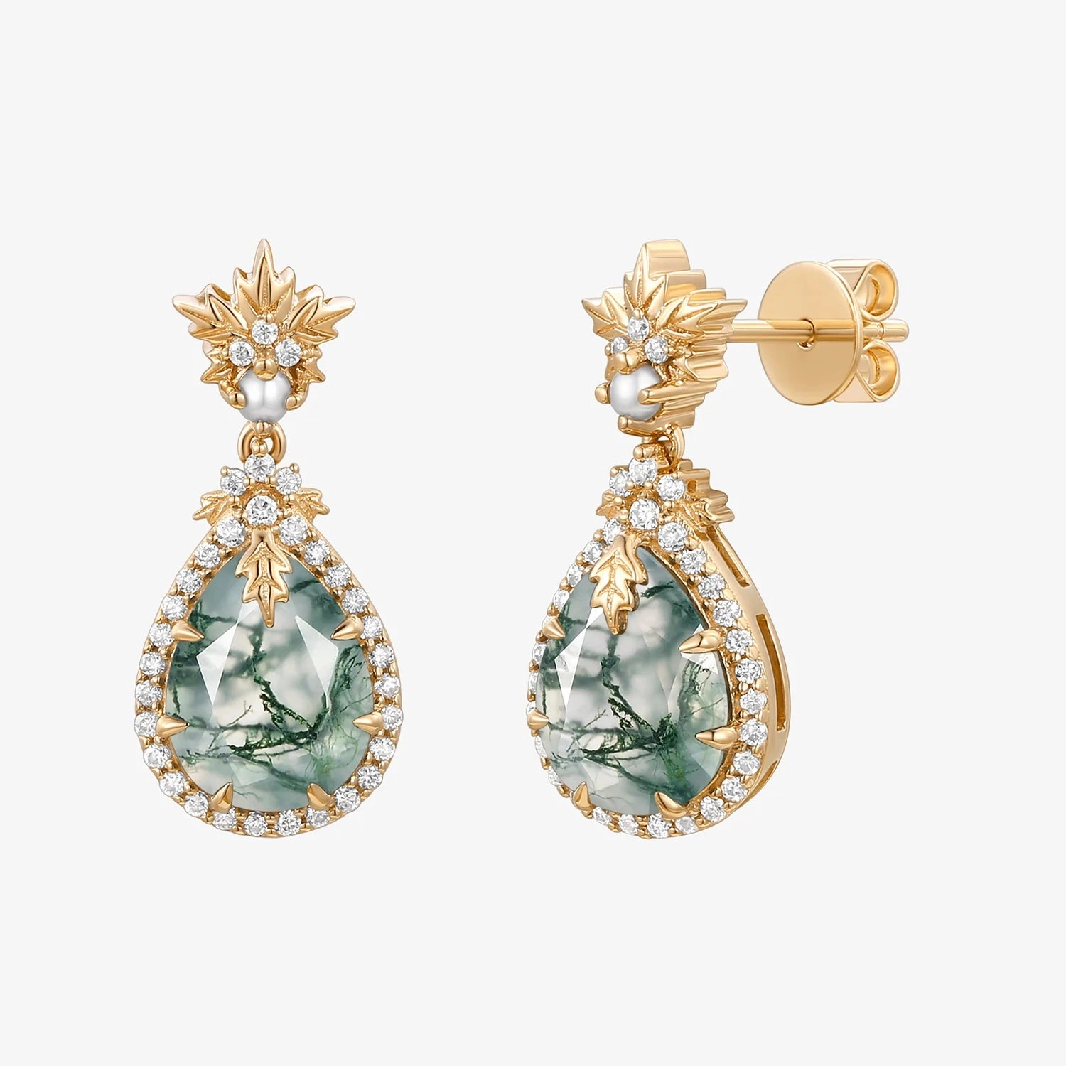 Wedding Gift Stylish Shape Natural Moss Agate & Pearl Vintage Inspired Yellow Gold Earrings