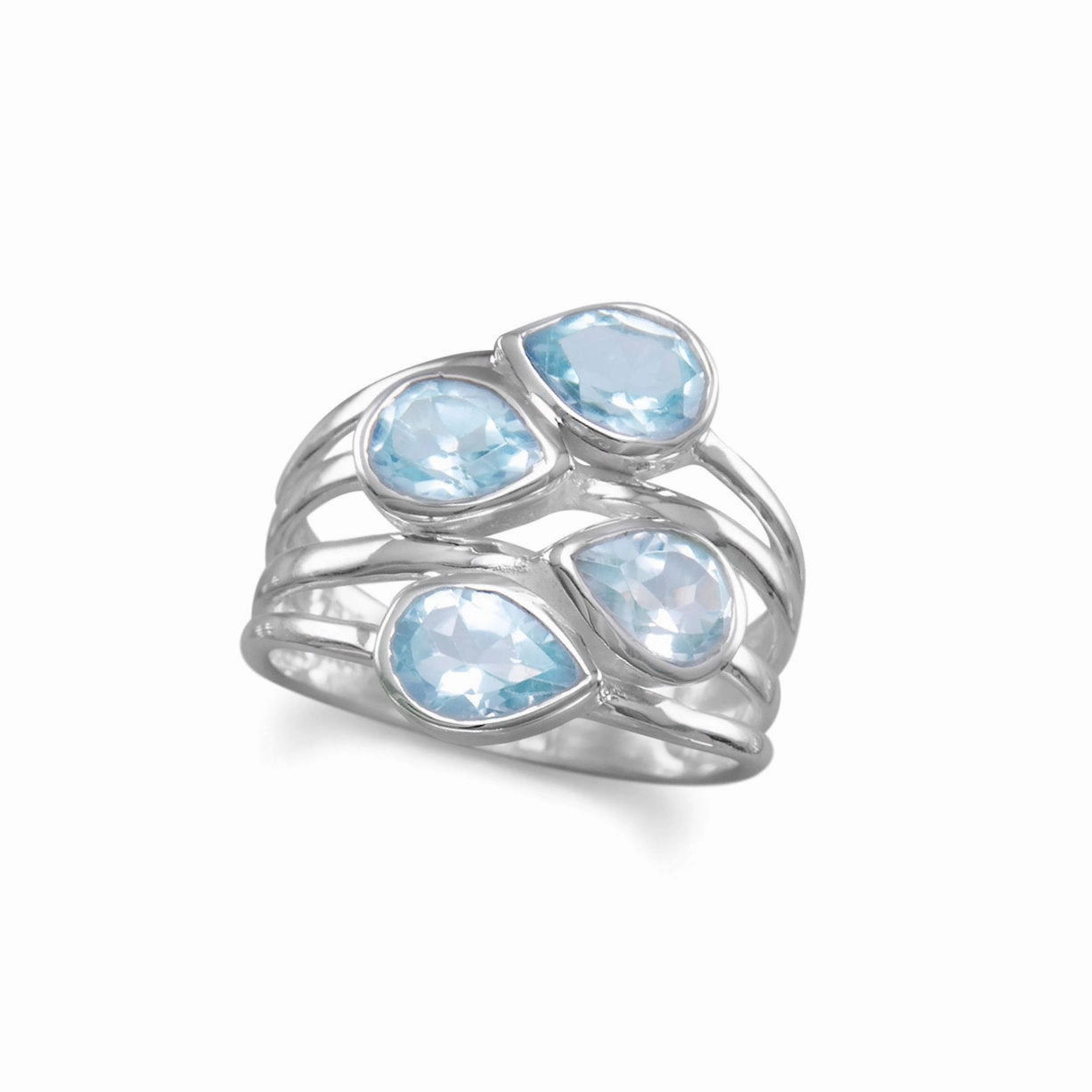 Polished Harmony Blue Topaz Ring Stacked Multistone Teardrop Shape Stones Sterling Silver