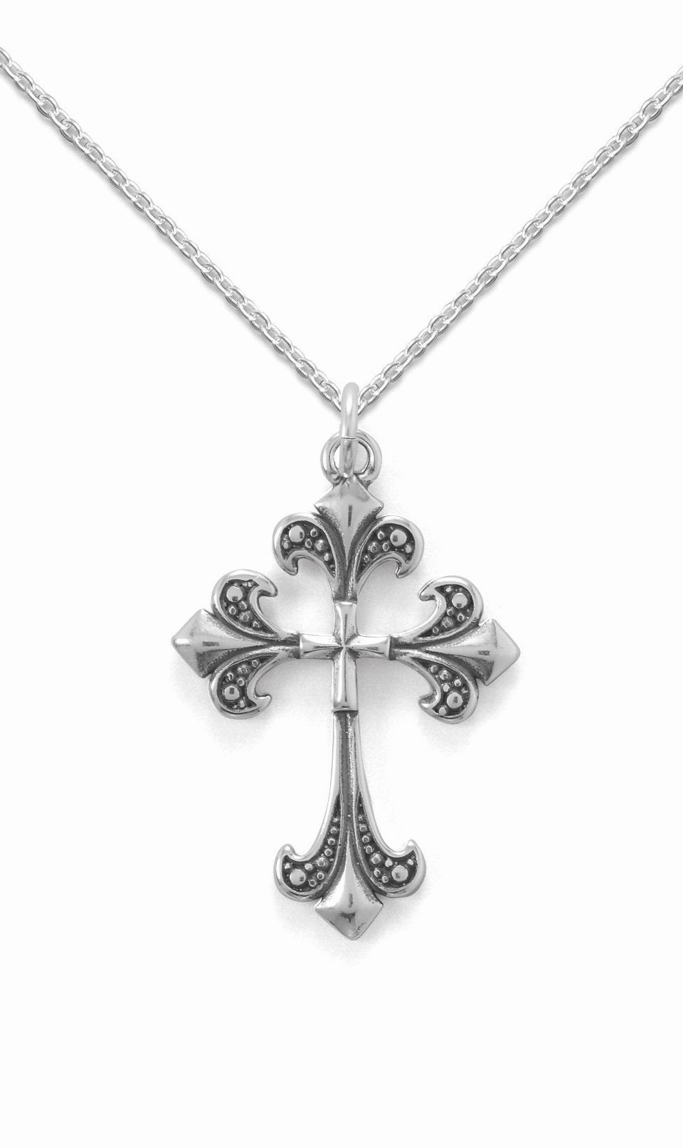 Fleur-De-Lis Cross Pendant Fancy Bead Design Antiqued Sterling Silver with Chain Custom pieces Stylish Accent