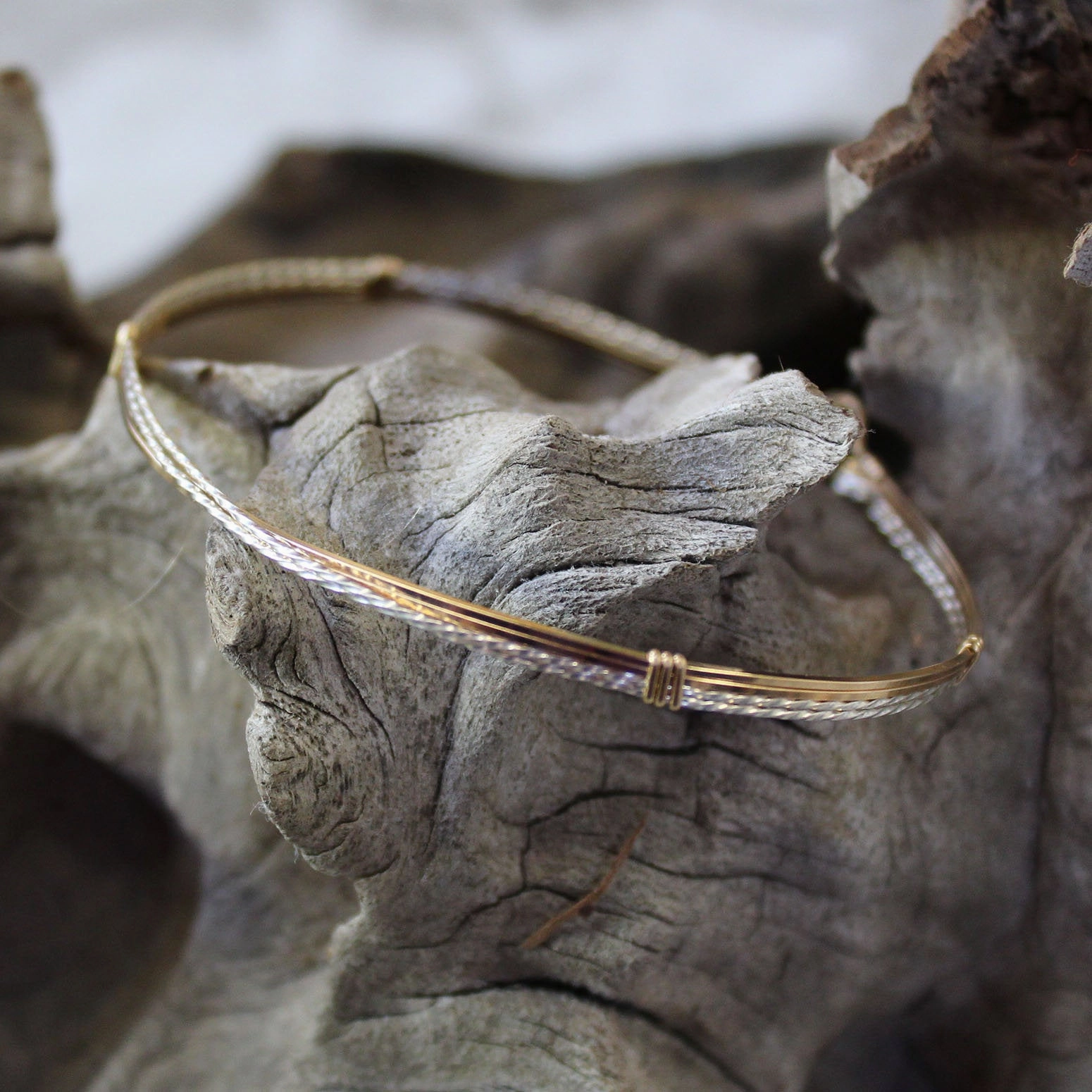 Two Tone Sterling Silver & Gold Filled Crossover Wire Wrapped Bracelet  SSTTco Grade A