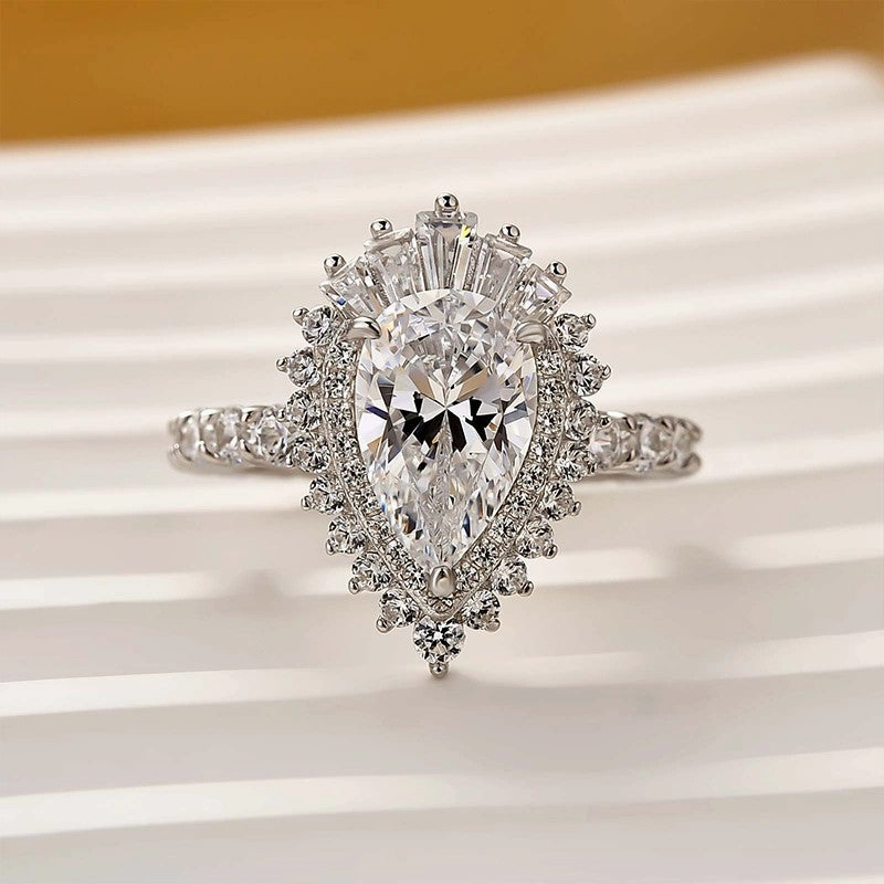 Vintage 2.2Ct Halo Pear Cut Engagement Ring Travel Ring In Sterling Silver Sparkling Craft