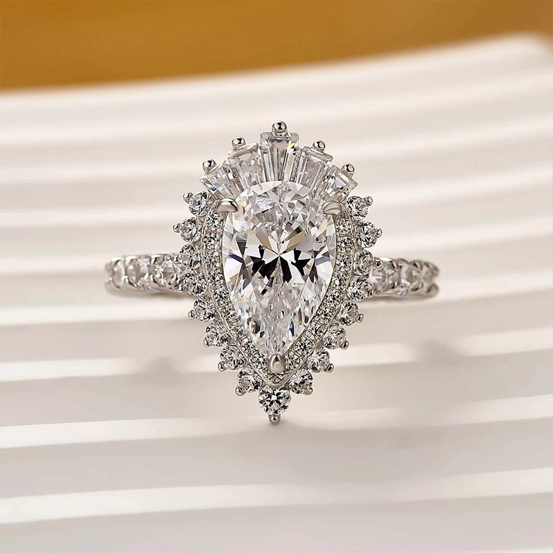 Vintage 2.2Ct Halo Pear Cut Engagement Ring Travel Ring In Sterling Silver Street Accent