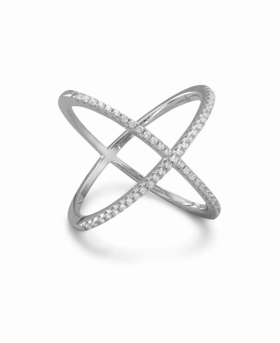 Low-Cost Jewelry X Cross Ring with Cubic Zirconia Rhodium on Sterling Silver