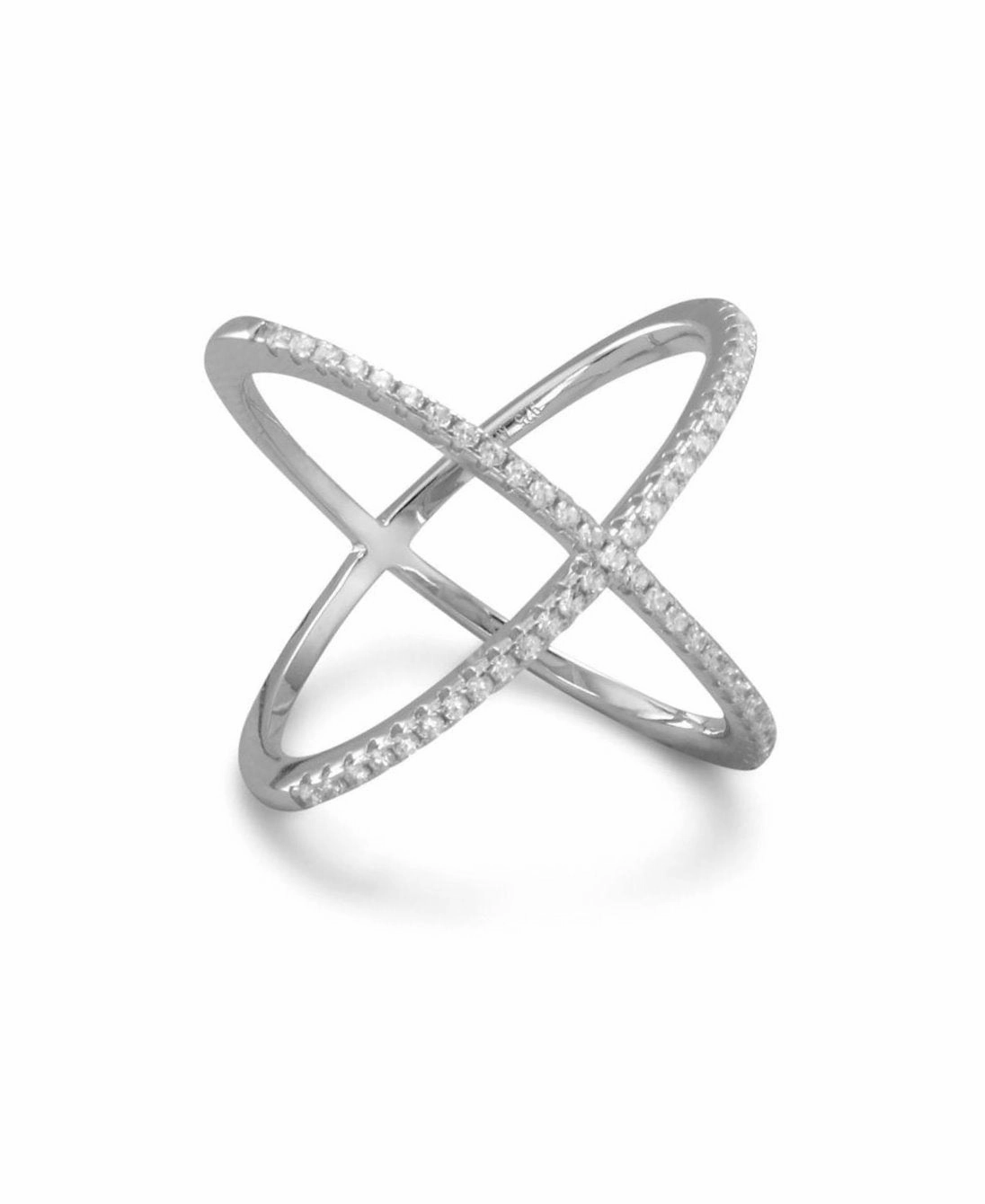 X Cross Ring with Cubic Zirconia Rhodium on Sterling Silver Simple Texture Branded Piece