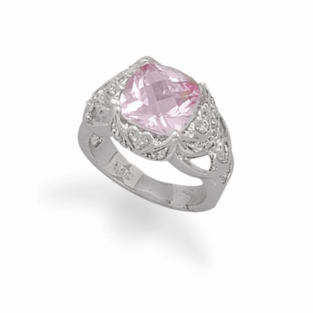Elegant Statement Exclusive item Synthetic Pink Sapphire and Pave Cubic Zirconia Ring Rhodium on Sterling Silver