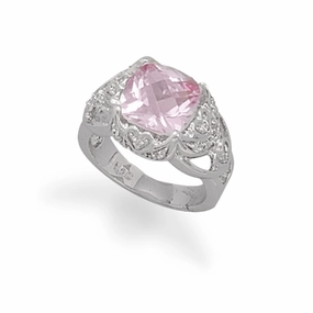 Synthetic Pink Sapphire and Pave Cubic Zirconia Ring Rhodium on Sterling Silver Youth Accent