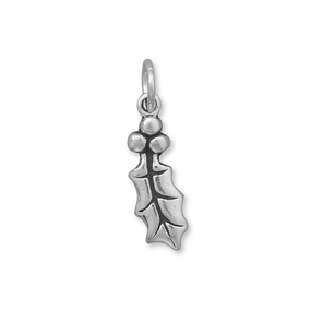 Holly Leaf and Berries Charm Sterling Silver Antiqued Finish Vibrant Spark