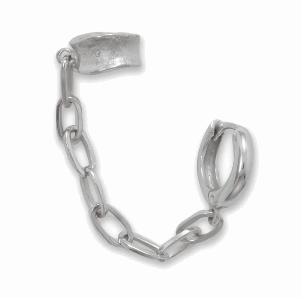 Hoop and Cuff Double Earring with Paper Clip Chain Connector Rhodium on Silver - Nontarnish Pure Highlight Fashionable Sparkle