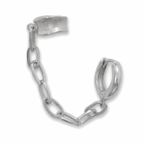 Hoop and Cuff Double Earring with Paper Clip Chain Connector Rhodium on Silver - Nontarnish Pure Highlight Fashionable Sparkle