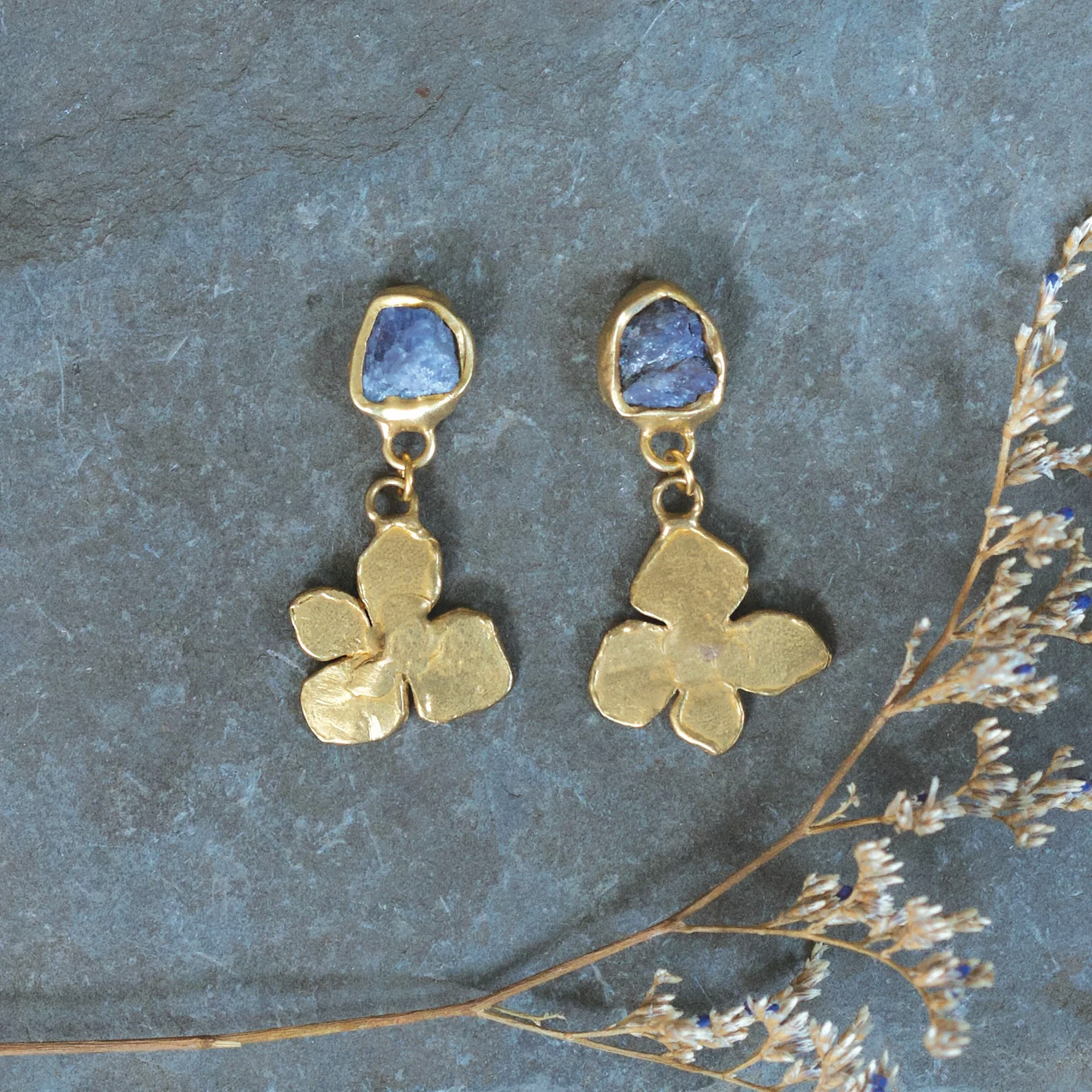 Hydrangea Bloom Earrings - Brass, Tanzanite   Silver Timeless Adornment Elegant decoration