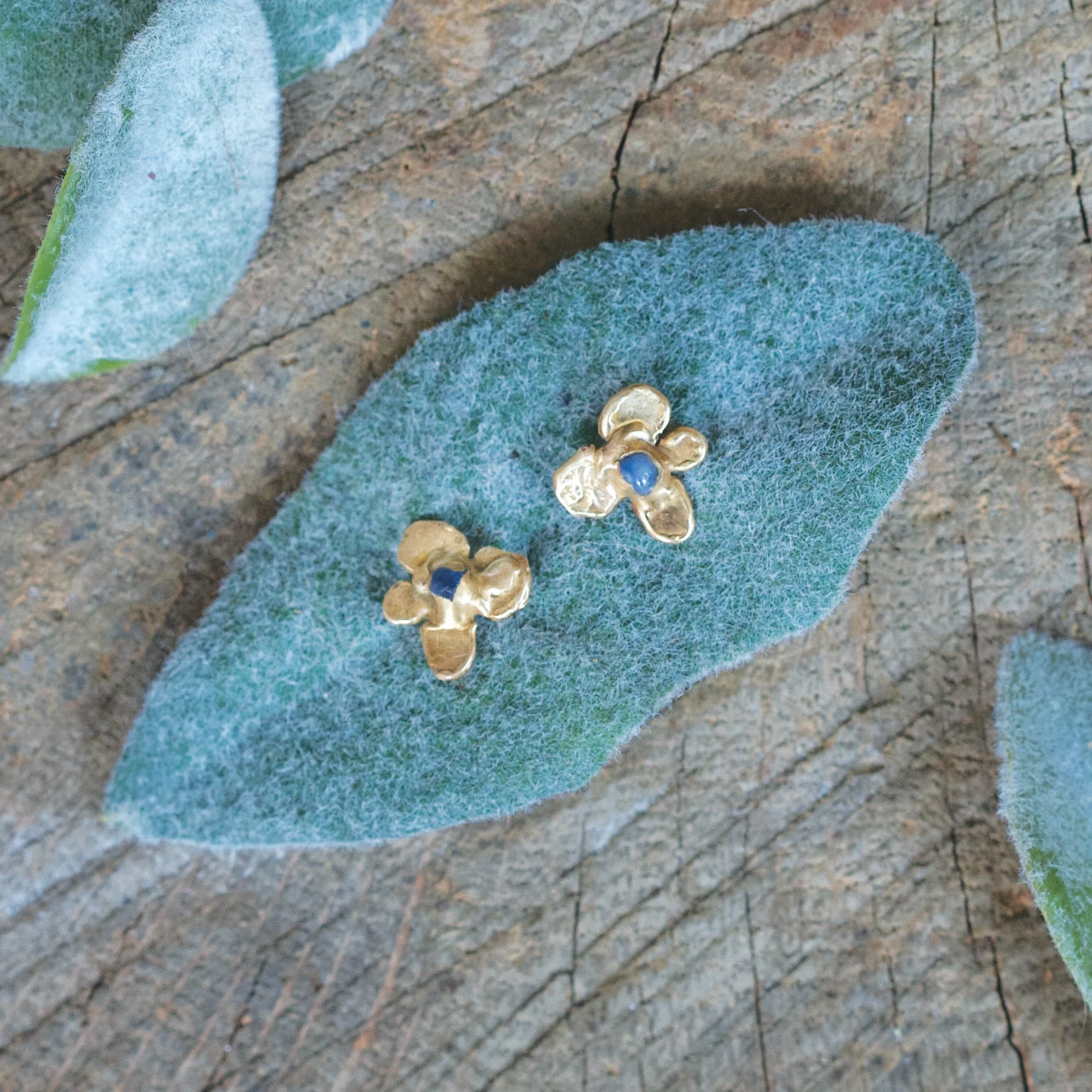 Hydrangea Bud Studs - Brass, Blue Sapphire   Silver Shiny Product Elegant Item