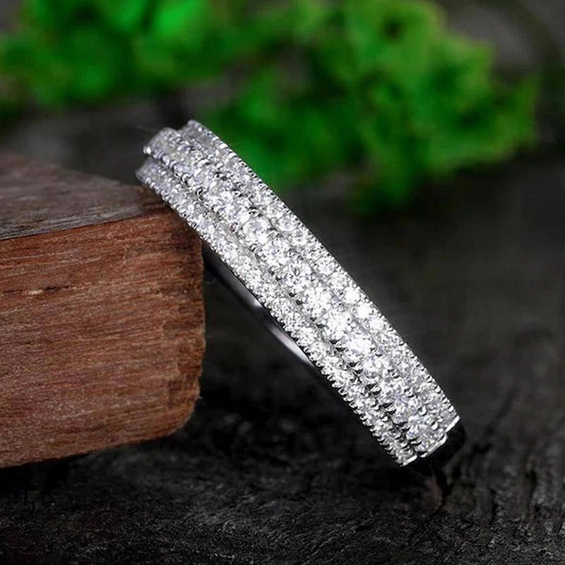 Fashion Sparkle Dynamic Highlight Louily Vintage 3-Line Pave Wedding Band For Women In Sterling Silver