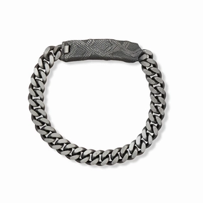 Mens Curb Chain ID Bracelet with Handmade Snakeskin Plate Black Ruthenium Brushed Sterling Silver Exclusive Accessories