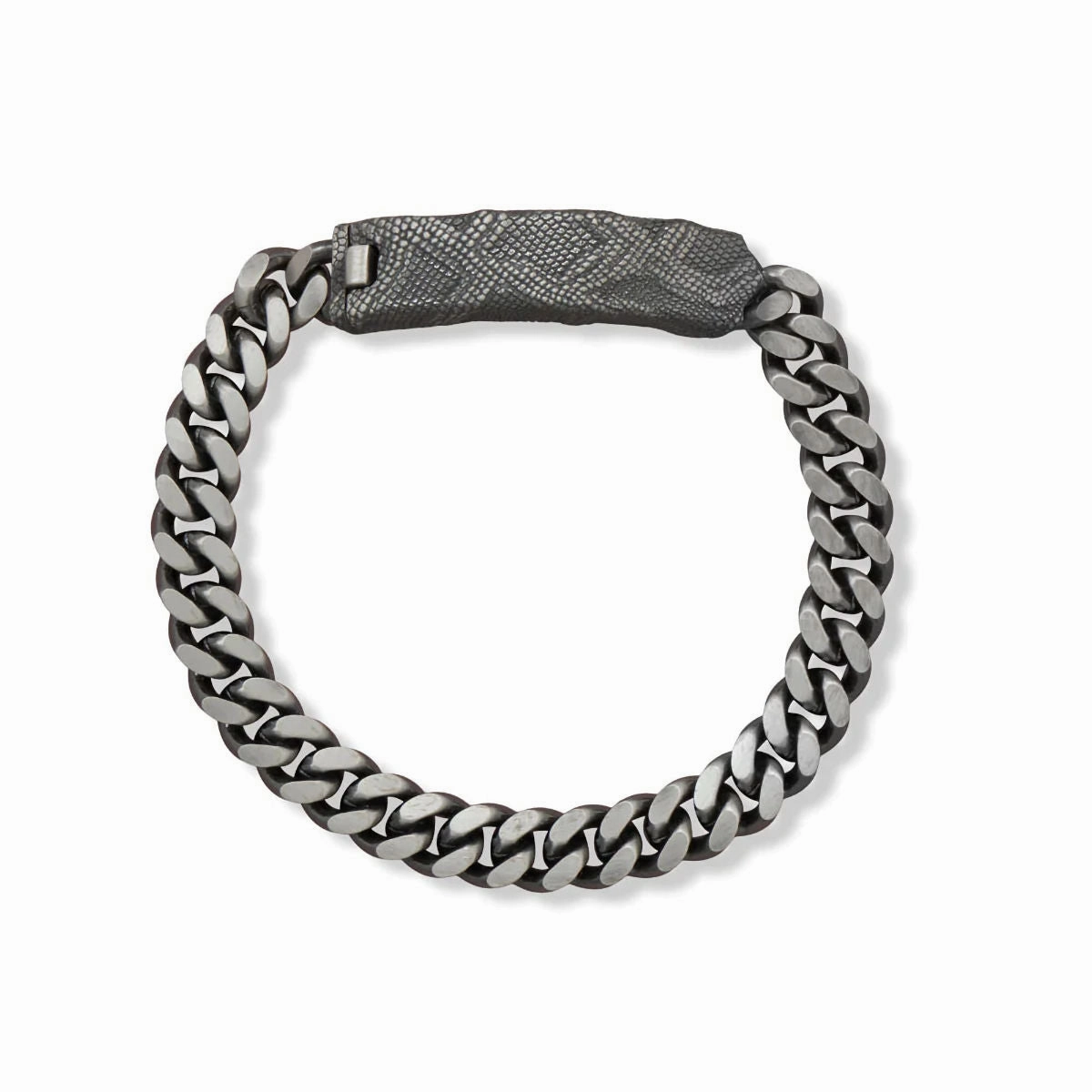 Mens Curb Chain ID Bracelet with Handmade Snakeskin Plate Black Ruthenium Brushed Sterling Silver Exclusive Accessories