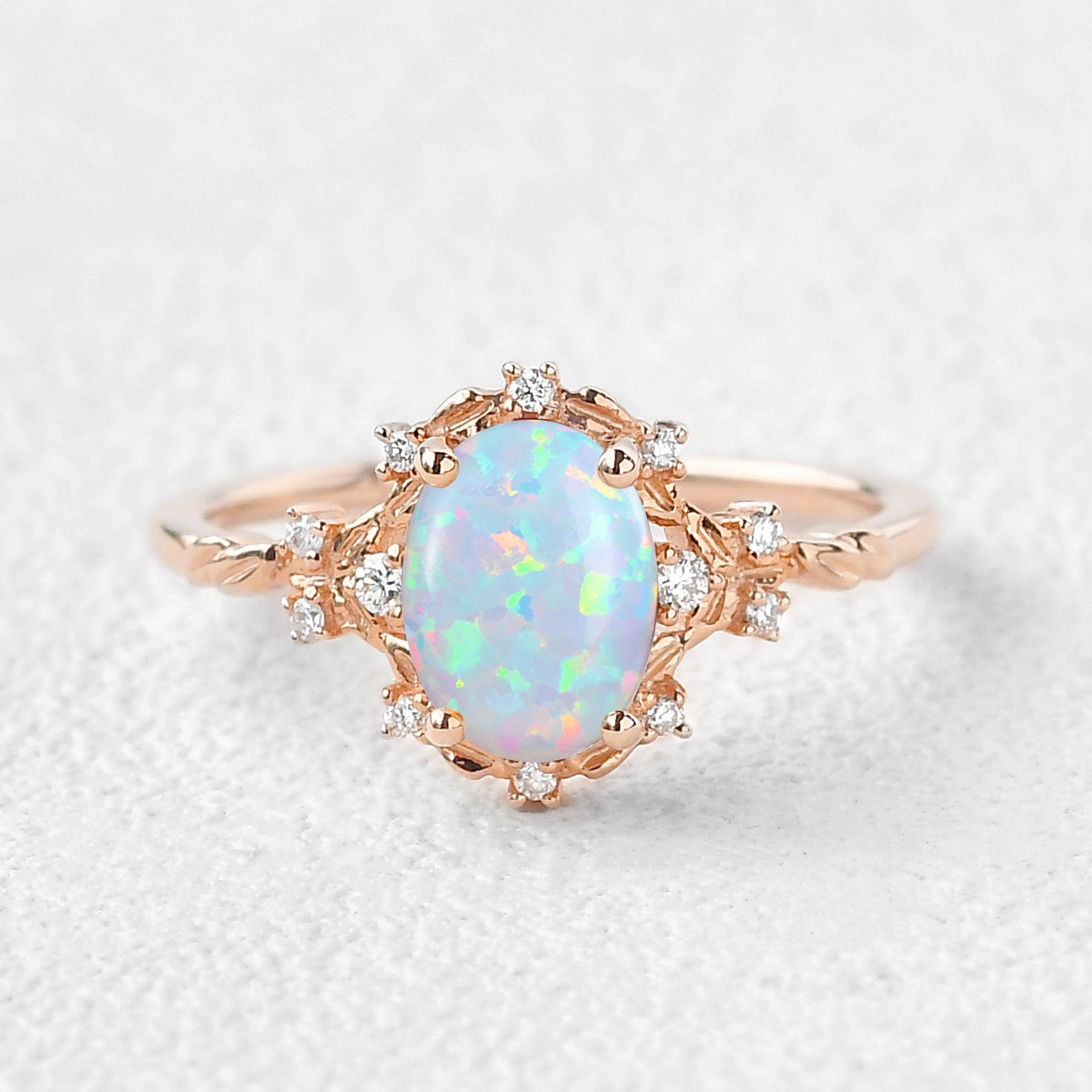Delicate Style Shiny Edge 1.5ct Oval Cut Opal Vintage Floral Ring