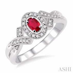 Silver Oval Shape Ruby & Halo Diamond Ring Glittery Accessory