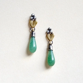 Sacred Heart Teardrop Earrings - Aventurine Gemstone, Oxidized Brass   Sterling Silver Grand Trinket