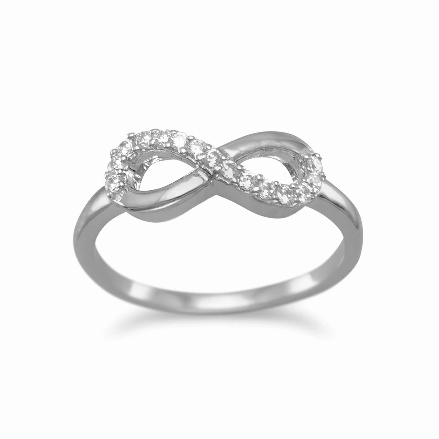 Work Friendly Style Infinity Ring with Cubic Zirconia Rhodium on Sterling Silver, Sizes 4 to 10
