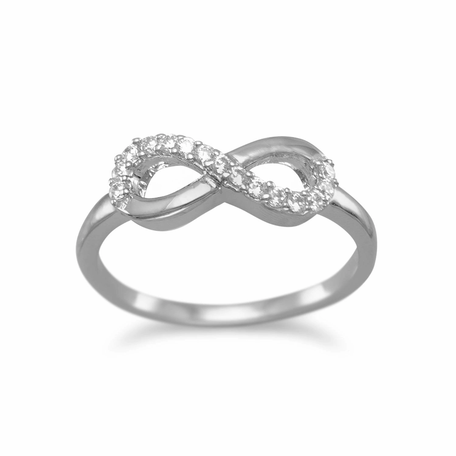 Infinity Ring with Cubic Zirconia Rhodium on Sterling Silver, Sizes 4 to 10 Light Feel Shimmer Look