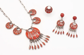 Annie Quam Gasper Zuni Handmade Mediterranean Coral 3-Piece Set Brilliant Detail