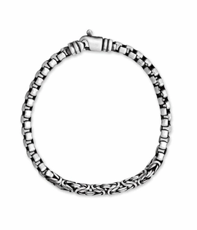 Italian Rounded Box and Byzantine Chain Bracelet Black Rhodium Finished Silver Brushed Daily Style