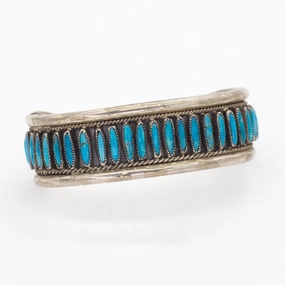 Minimalist Look J.M. Begay Navajo Handmade Sterling Silver Turquoise Needlepoint Cuff Bracelet