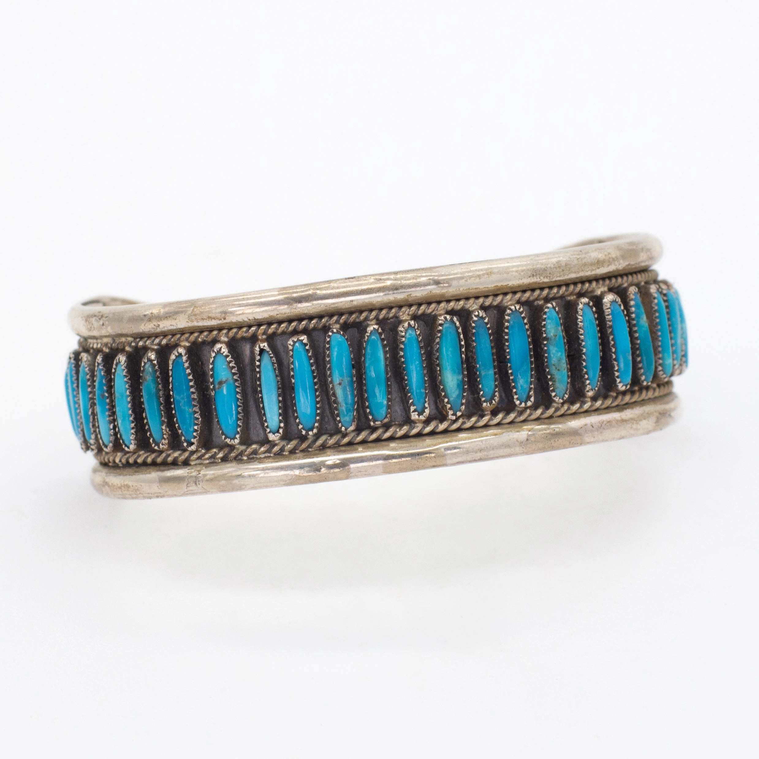 Minimalist Look J.M. Begay Navajo Handmade Sterling Silver Turquoise Needlepoint Cuff Bracelet
