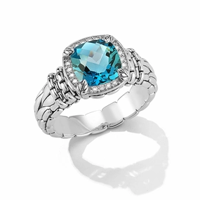 Geometric Embellishment Formal Accent JAI Blue Topaz & Diamond Halo Ring