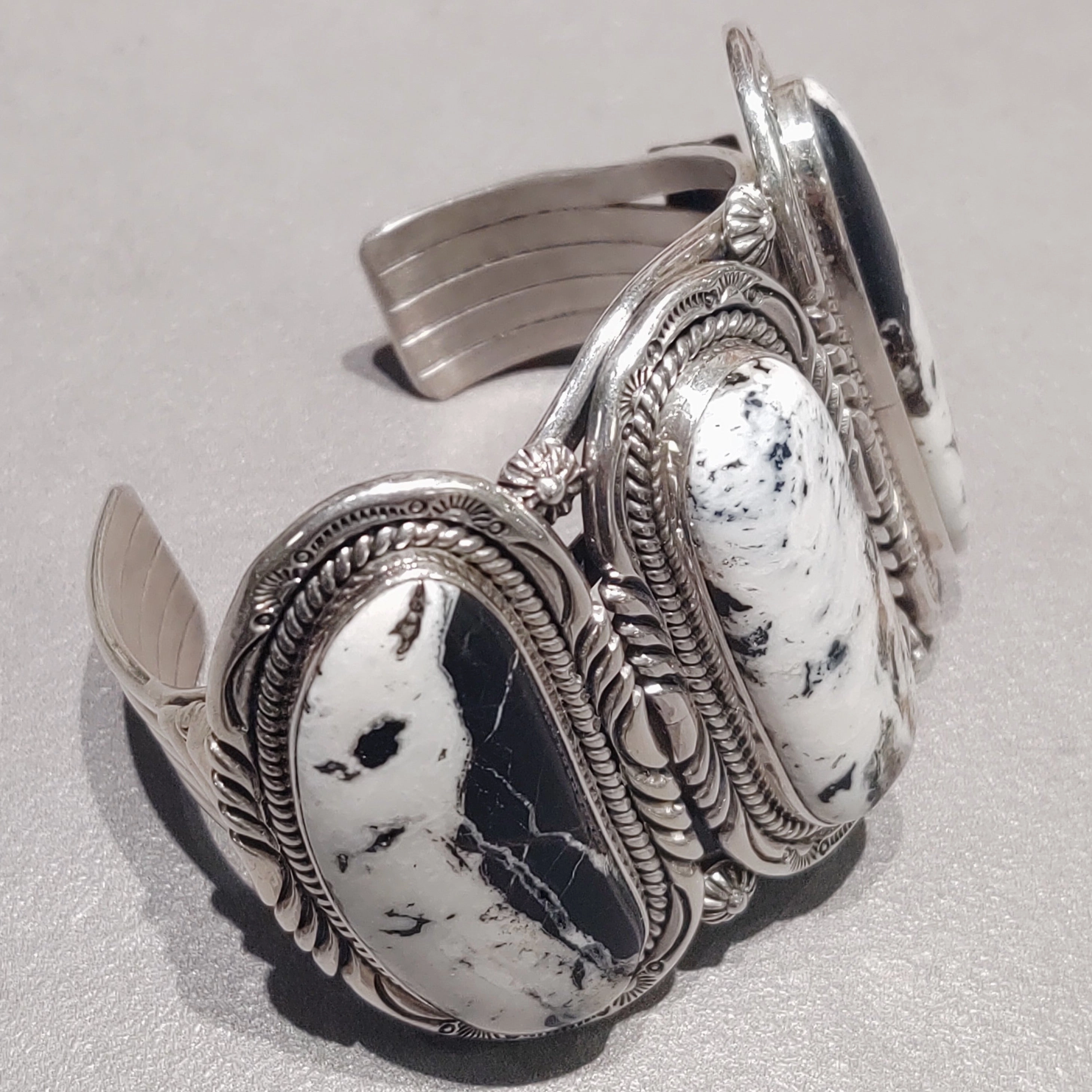Joe Piaso Jr Navajo White Buffalo Sterling Silver Cuff - Handmade Native American Silver Edge