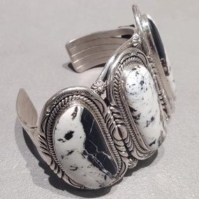 Joe Piaso Jr Navajo White Buffalo Sterling Silver Cuff - Handmade Native American Silver Edge
