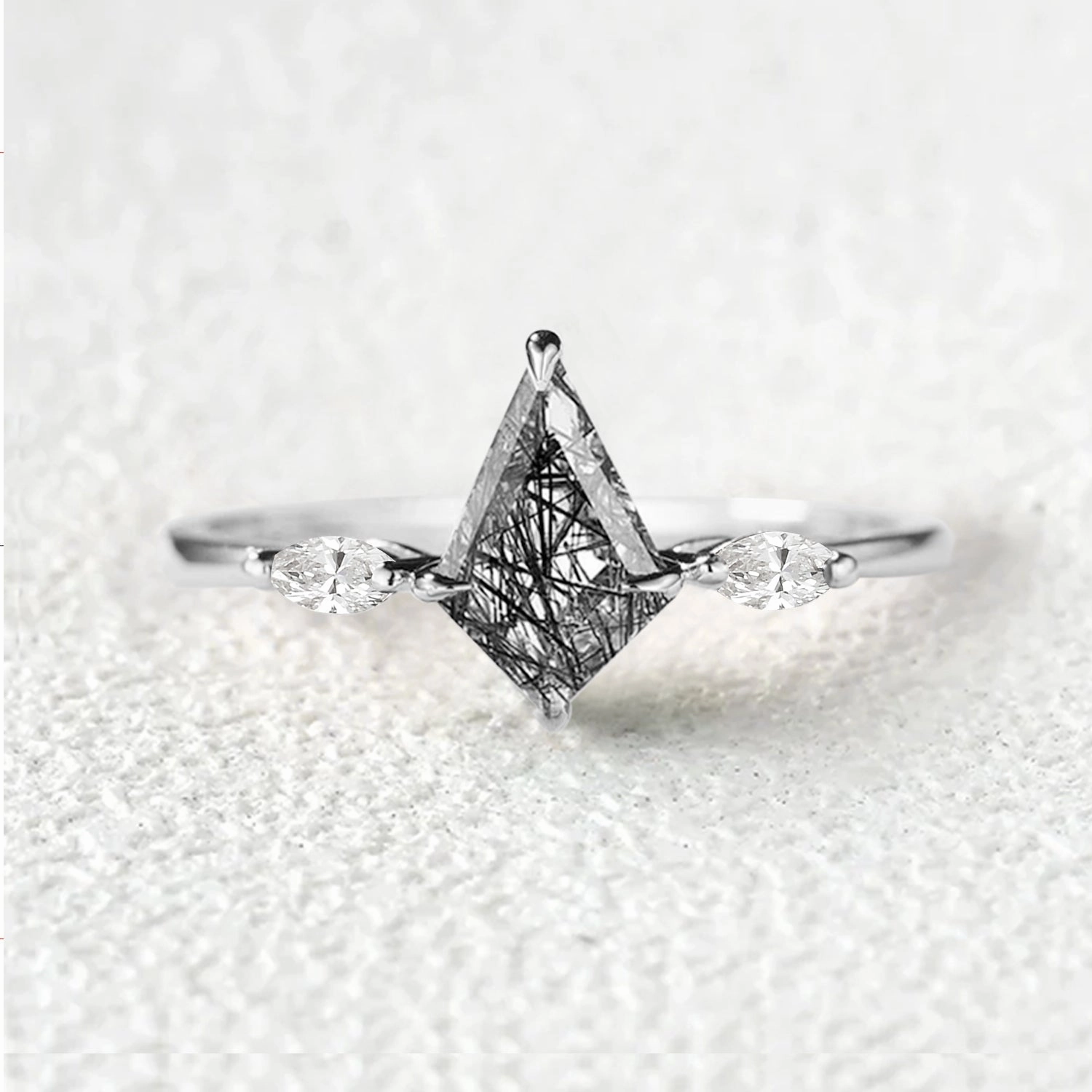 Kit Cut Black Rutilated Quartz Three Stone Engagement Ring Creative Feature