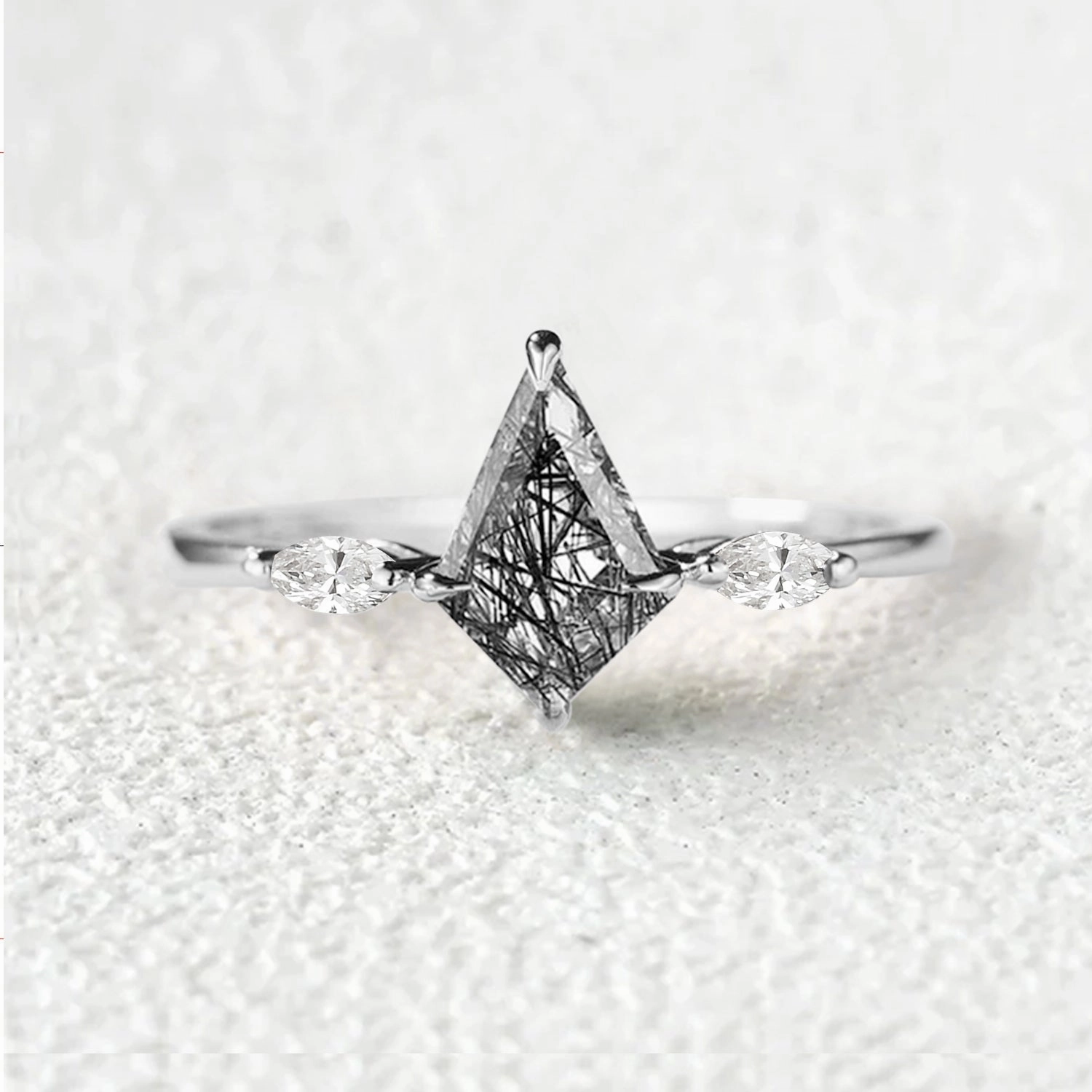 Everyday Shine Kit Cut Black Rutilated Quartz Three Stone Engagement Ring