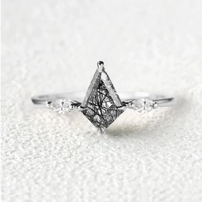 Kit Cut Black Rutilated Quartz Three Stone Engagement Ring Creative Feature