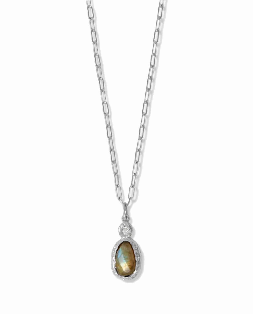 Festival Outfit Labradorite and Cubic Zirconia Pendant Paperclip Chain Necklace Rhodium on Silver - Nontarnish, adjustable length
