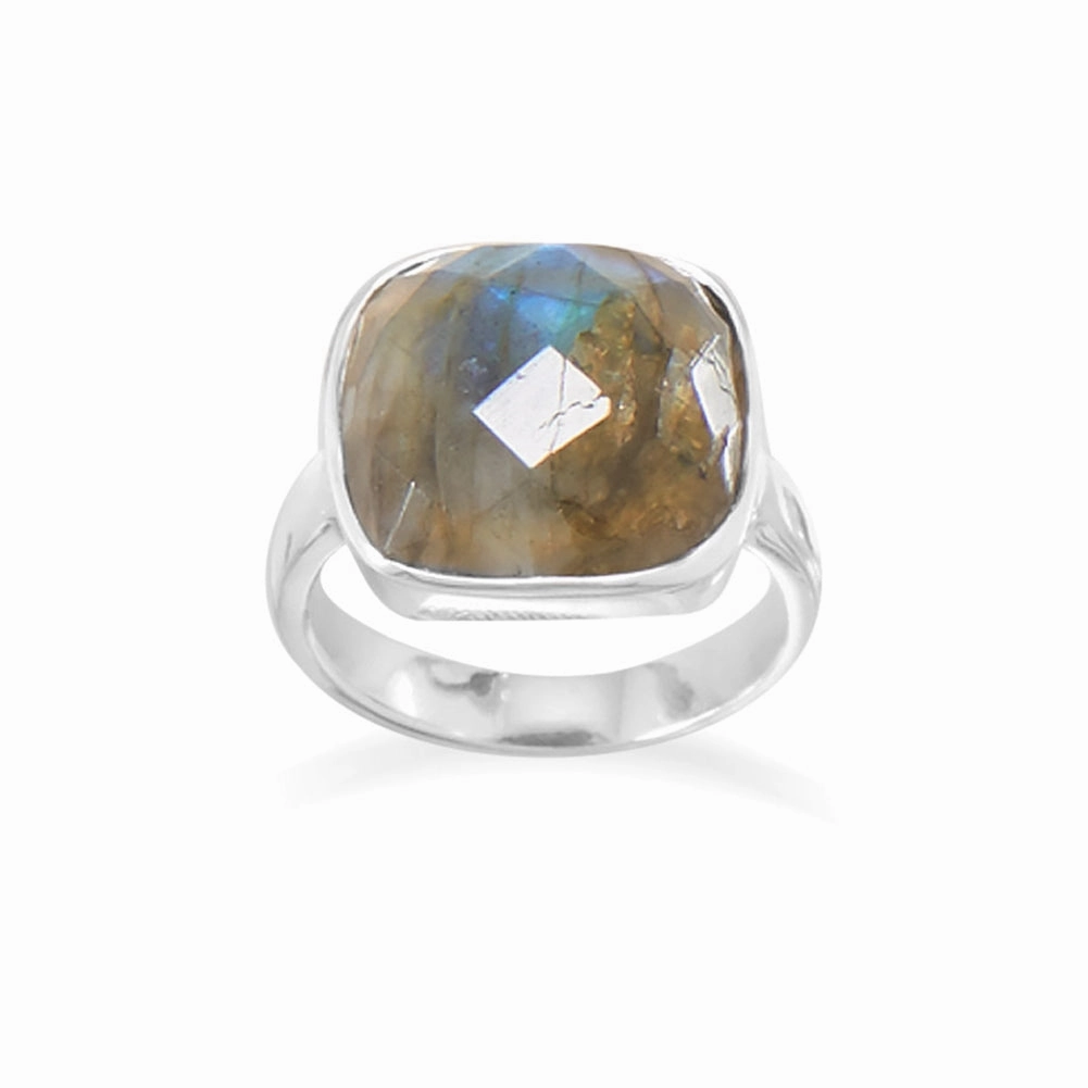 Luxury Expression Glamorous Statement Labradorite Ring with Checkerboard Cut Soft Square Sterling Silver