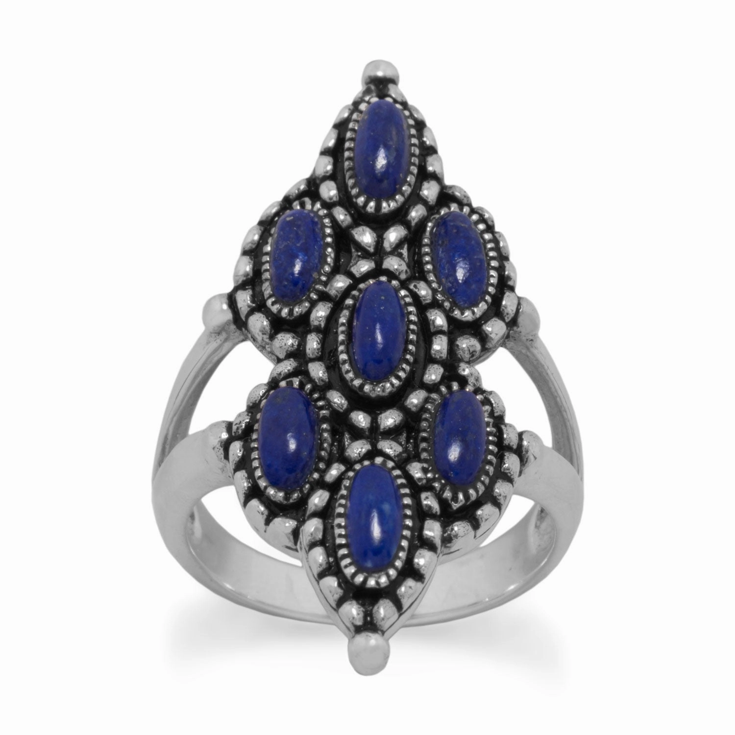 Lapis Lazuli Ring with Seven Stones Sterling Silver Luxury Decoration Contemporary Jewelry