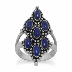 Unique Design Exclusive Statement Lapis Lazuli Ring with Seven Stones Sterling Silver
