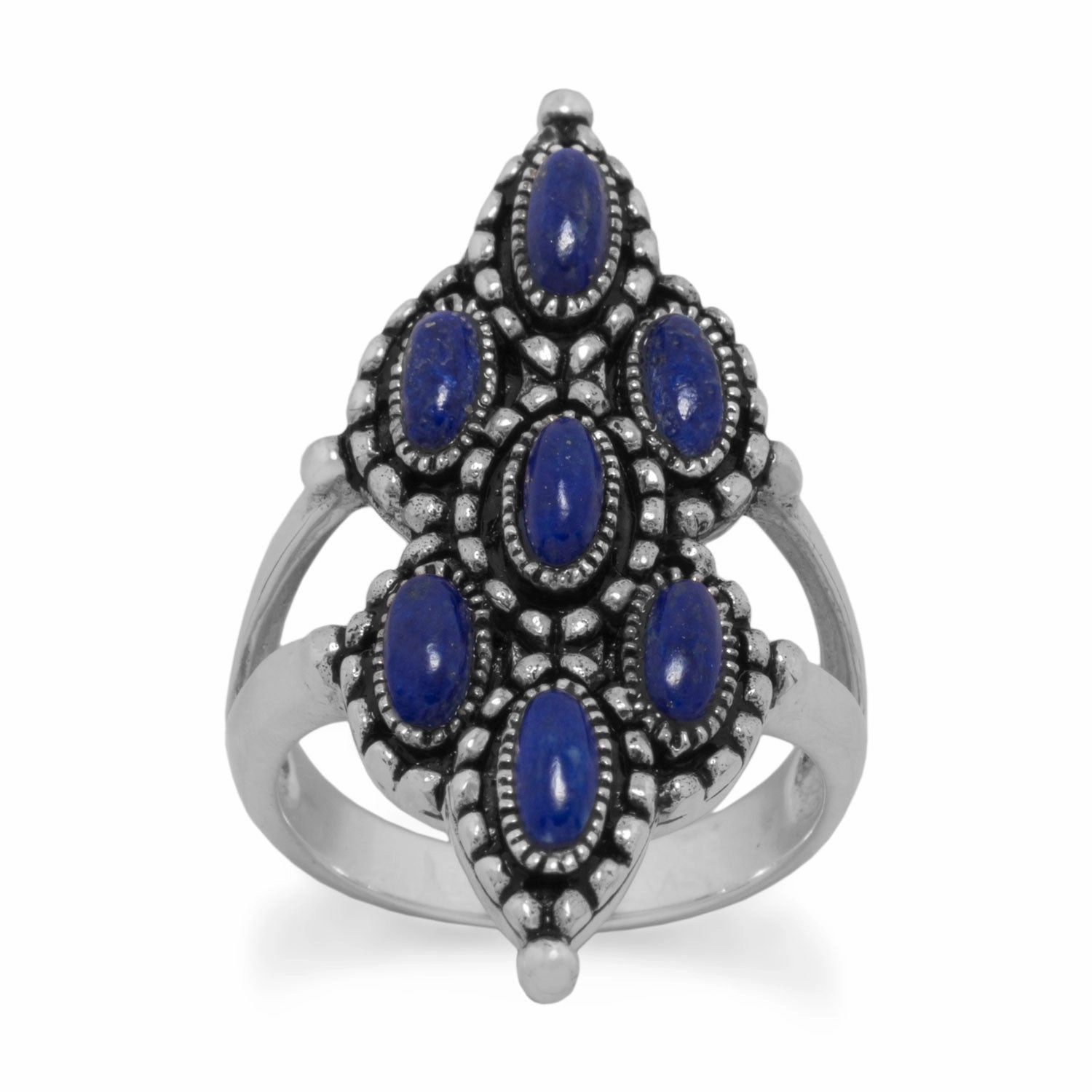 Unique Design Exclusive Statement Lapis Lazuli Ring with Seven Stones Sterling Silver